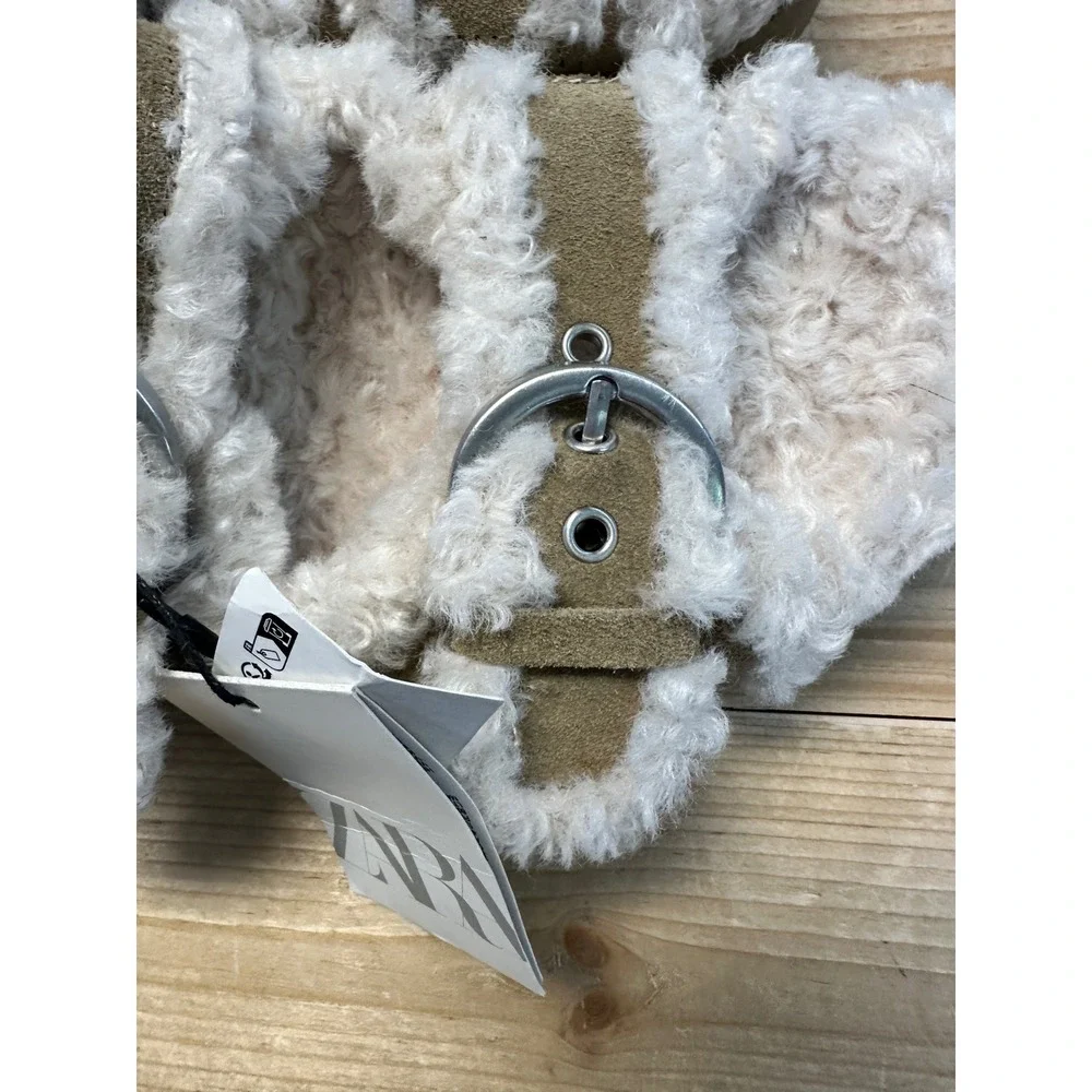 ZARA Women's Fur Lined Buckle Strap Flat Sandals Tan Size US 8 EUR 39 - Picture 6 of 6